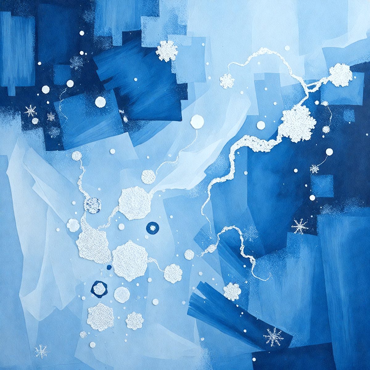 The primary subject of the image is a blue and white painting featuring a variety of shapes and patterns. The setting is a blue background, and the visual style appears to be a combination of digital art and illustration. The dominant colors are blue and white, creating a calm and serene atmosphere.